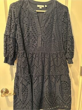 Chico's Navy Eyelet Tiered Midi Dress with Three-Quarter Sleeves